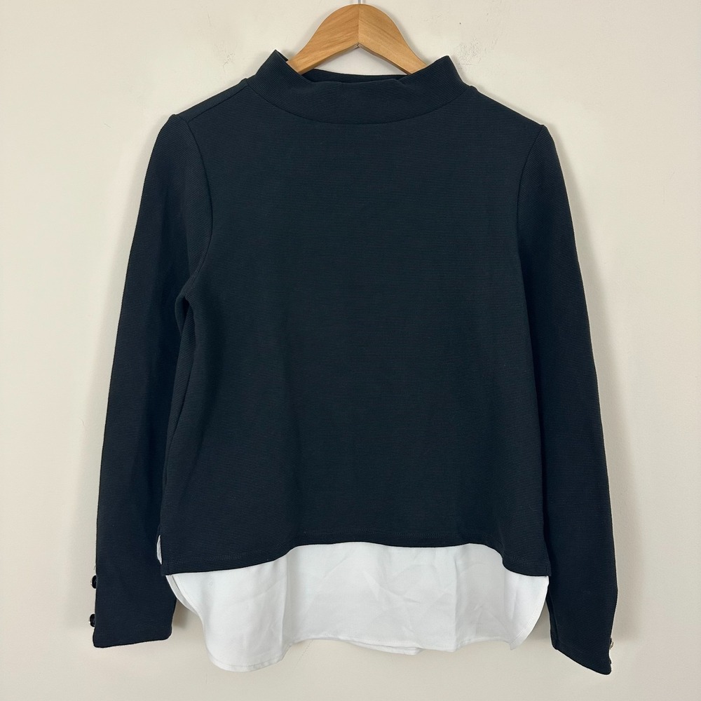 Ann Taylor Layered Black Ribbed Academia Mock Neck Gold Button Womens S